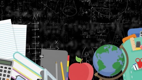 Animación digital de Íconos conceptuales escolares moviéndose contra ecuaciones matemáticas sobre fondo negro