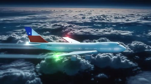 Commercial Airliner Passanger Plane Jumbo Jet Flying At Night Over Clouds With Country Flag Chile