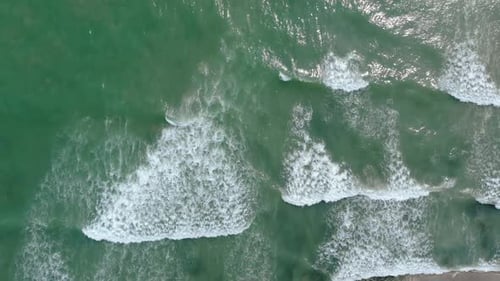 Huge Foamy Waves Of A Turquoise Beach In Tropical Holiday Resort. Aerial Shot