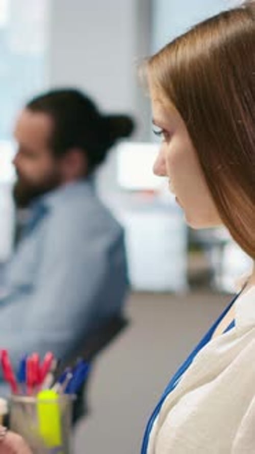 Vertical Video Female Engineer in Startup Office Struggling to Fix Critical Error Warning Popup