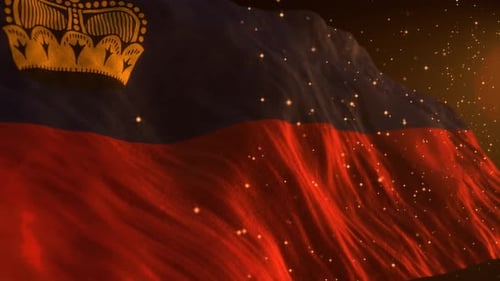 Liechtenstein Flag Waving with Golden Particles Background