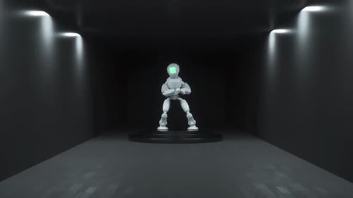 tanzender Roboter, Cyborg in Bewegung, dunkler Hintergrund