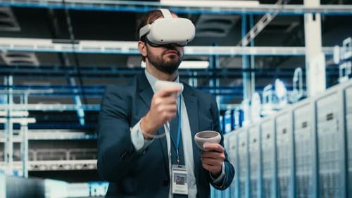 Debugging System Errors VR Headset and Computer Scientist in Data Center