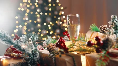 Christmas Gifts and Champagne by Glowing Tree