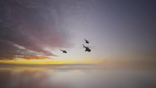 Military Helicopter Formation Flying at Sunset or Sunrise through Cloudy Sky