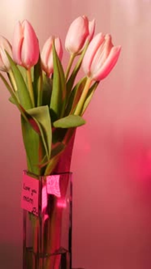 Tulips in vase with card reading Love You Mom