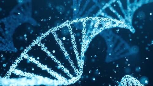 Close Up Dna Strand, Helix Structure In Blue Surrounded By Fluid Particles. Biotechnology