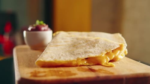 Close Up of Cheese Quesadilla Eating Traditional Mexican Food Tex Mex Cuisine