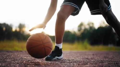 Young Sportsman Practicing Basketball Exercise Bouncing Ball Closeup View Professional Basketball