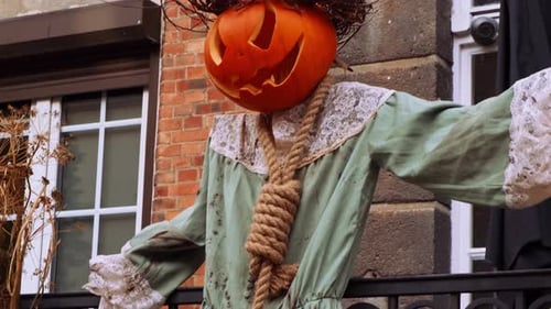 Creepy Halloween Scarecrow Decoration with Pumpkin Head