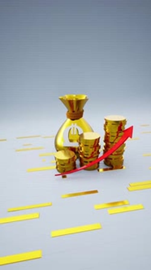 Vertical Golden Money Bag With A Lari Symbol And Increasing Coins Including Red Upward Arrow