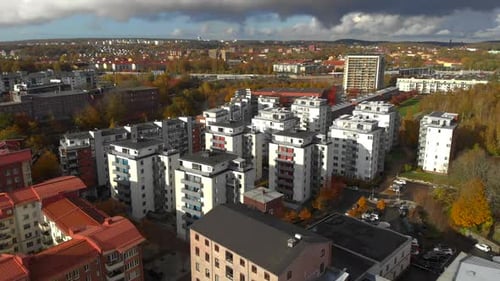 Eriksberg Gothenburg, aerial view of modern real estate apartment buildings, drone video