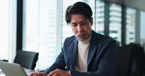 Laptop, thinking and proposal with businessman in office for administration, report or research