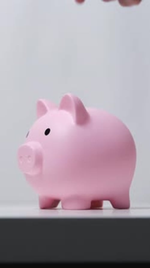 Hand Inserts Coins Into Pink Piggy Bank