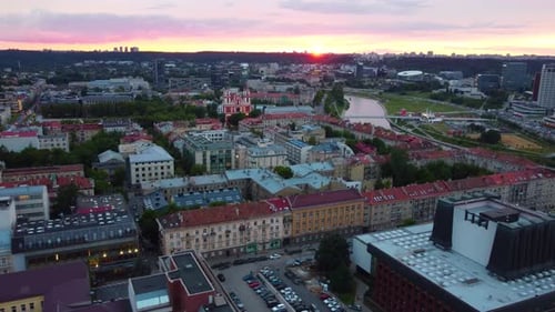 Panoramic Aerial View Of The Medieval Old Town At Sunset In Vilnius, Lithuania.