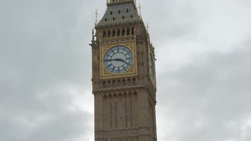 Low angle view of Big Ben clock at Westminster district of England in cloudy day.