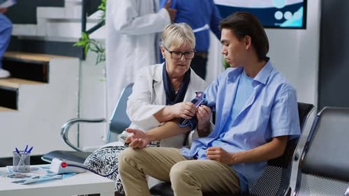 Doctor Taking Patient's Blood Pressure in Waiting Room