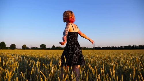 Young Hippie Woman in Dress Raising Hands While Goes Among Wheat Meadow and Enjoys Freedom Carefree