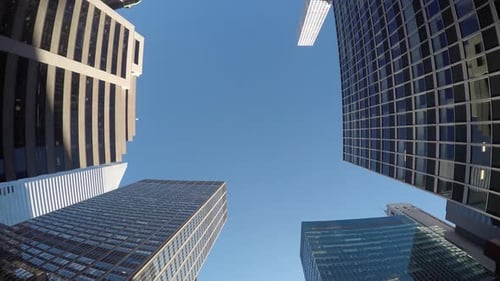 POV view of skyscraper buildings in the city. modern financial business district