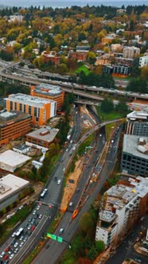 City buildings landscapes. Top down aerial view the Seattle downtown area. Vertical video