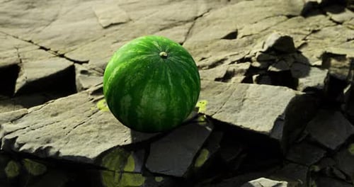 Realistic 3D Watermelon Rolling on Rocks Animation