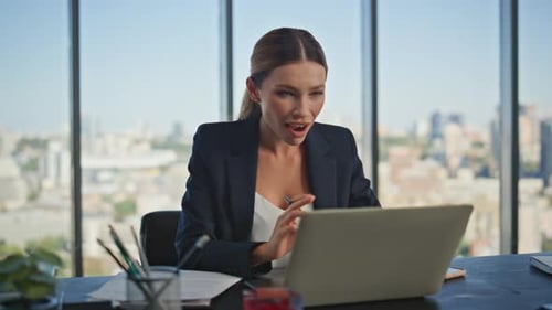 Woman Executive Speaking Virtual Conference in Office Smiling Manager Talking