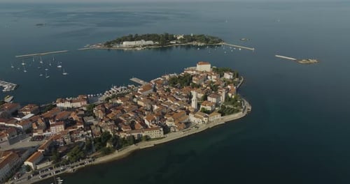 Aerial view of Porec at sunset in Istria, Croatia.