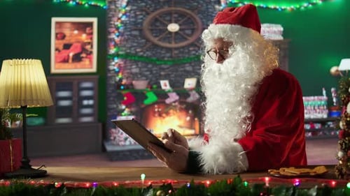 Santa Using Tablet in Christmas Decorated Room