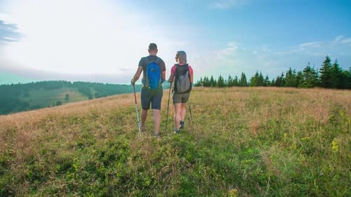 Couple Trekking Across Grassy Hillside with Hiking Poles