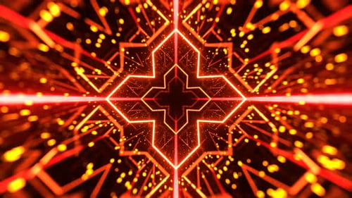 Orange And Red Festival Glowing Neon Tunnel With Geometry Flying Sparks Background Vj Loop In 4K