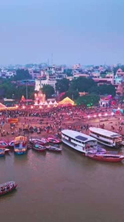 Kashi Morning Aarti Aerial Drone View – Boats on Ganga River