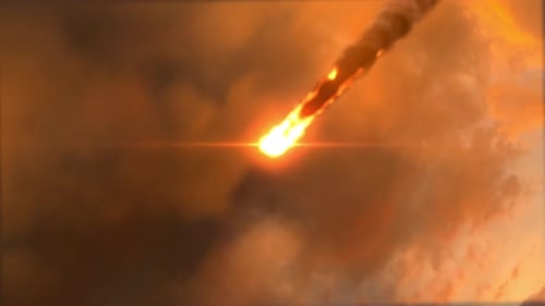 Dramatic Fiery Meteor Trail with Lens Flare in Smoky Sky
