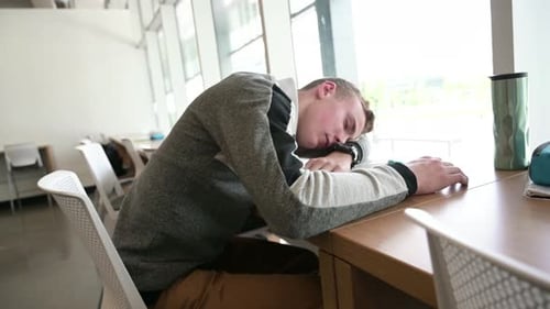 Student Asleep on Desk in University Library 1617 Years