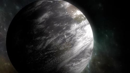 Futuristic Spaceship Flying Past a Planet in Deep Space