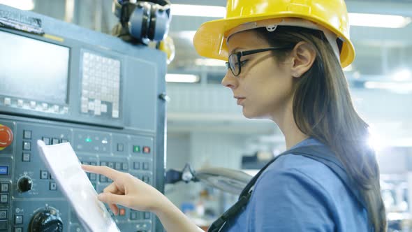Professional Female Operator in Hard Hat Setting up/ Programming CNC ...