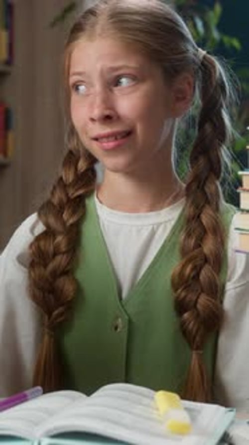 Caucasian Little Girl Child Kid Suffering with Study Many Books Taking Mobile Phone Using Social