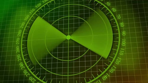 Realistisches animiertes Radar in grüner Farbe auf geometrischem Linienhintergrund.