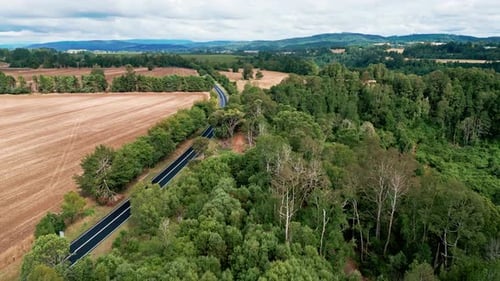 Forward flight over car on winding road through agricultural fields and forest