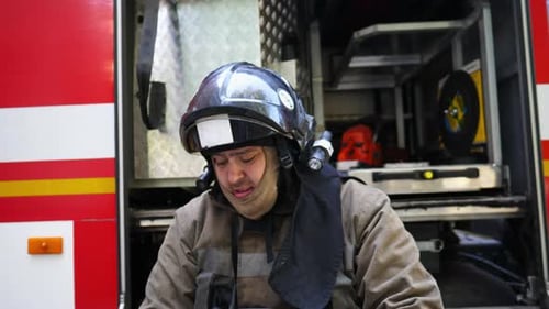 Firefighter in Helmet Beside a Red Firetruck