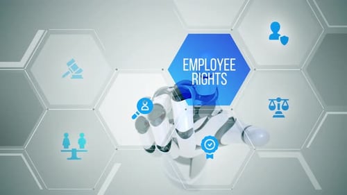 Digital Hexagon Interface: Robot Hand Activates Employee Rights Icons