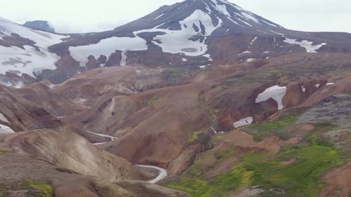 Remote Kerlingarfjoll valley with majestic mountains in Iceland, aerial