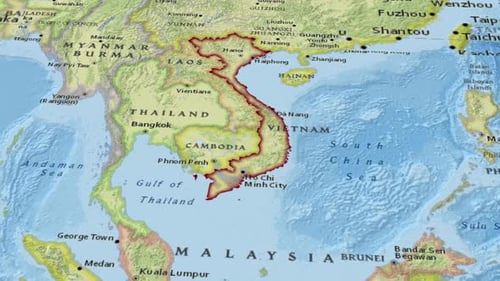 Geographic Map of Vietnam with Red Border Highlight