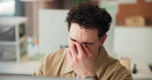 Glasses, computer or man with eye strain in office from burnout, tired or overworked on article