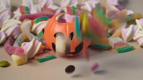 Halloween Candy and Pumpkin Treat Close-Up
