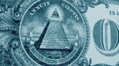 Pyramide numérique et œil sur un billet de 100 dollars, symbole macroéconomique de la technologie du pouvoir financier (CBDC)
