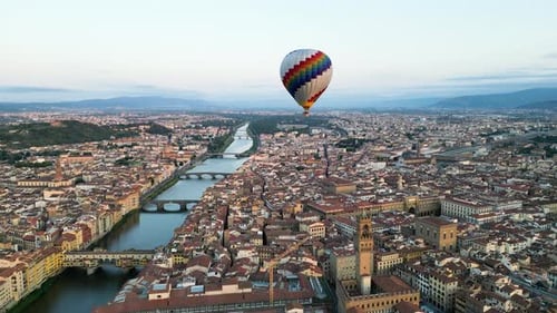 Florence Colorful Hot Air Balloon Epic Flying Above the City at Sunrise Italy