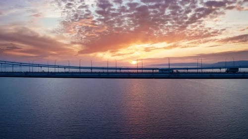 Aerial view of bridge at sunset. 4K.
transportation background.