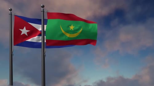 Flags of Cuba and Mauritania Waving Against a Cloudy Sky