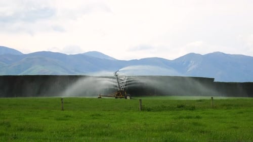 Wassersprinkleranlage auf riesigen landwirtschaftlichen Feldern, Fernsicht