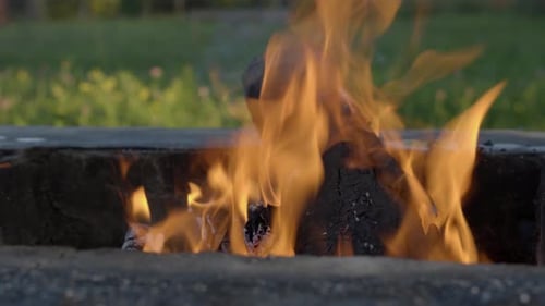 Burning Wood in Stone Fire Pit